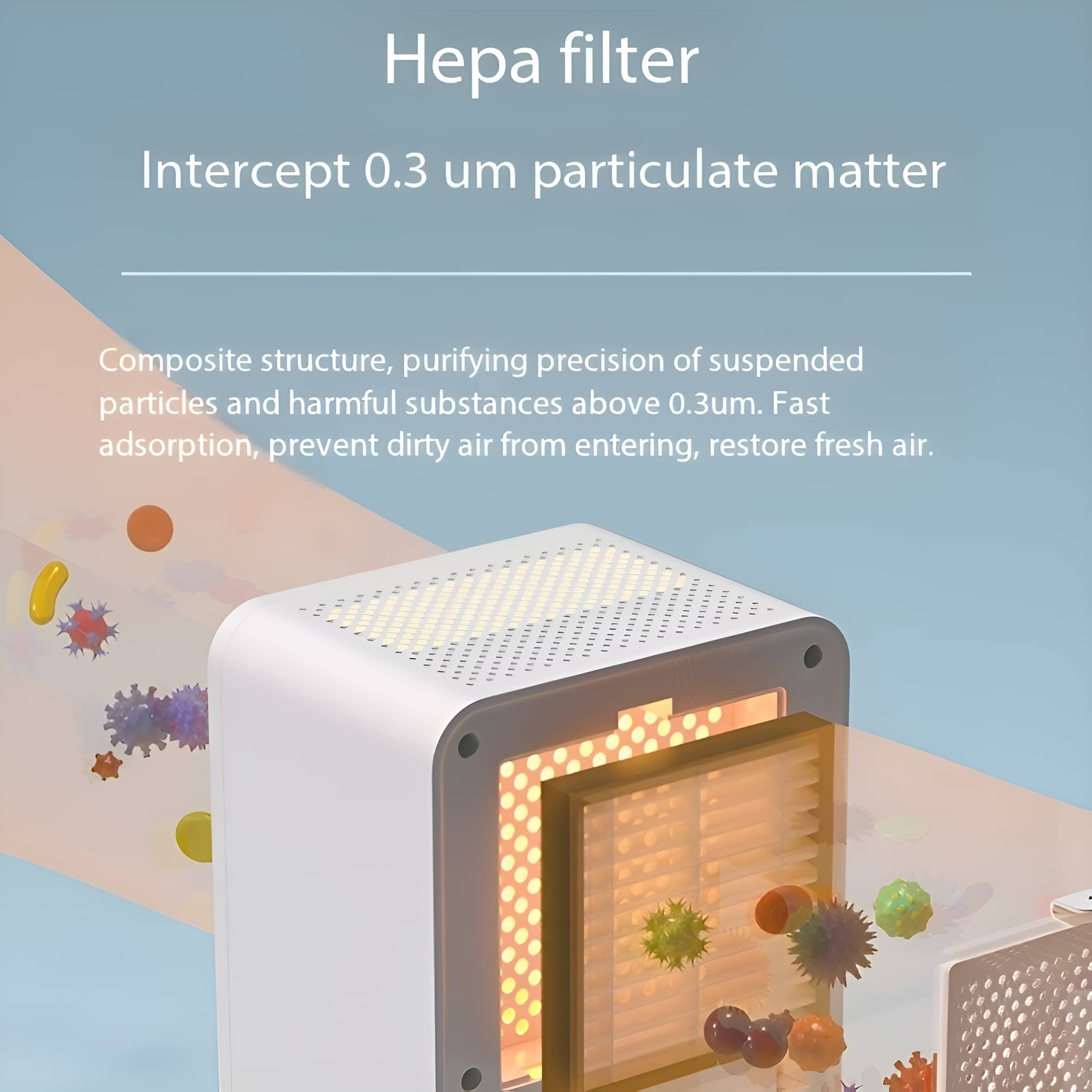Ein weißer Luftreiniger mit Filter, der Partikel und Luftstromdiagramme im Hintergrund zeigt.