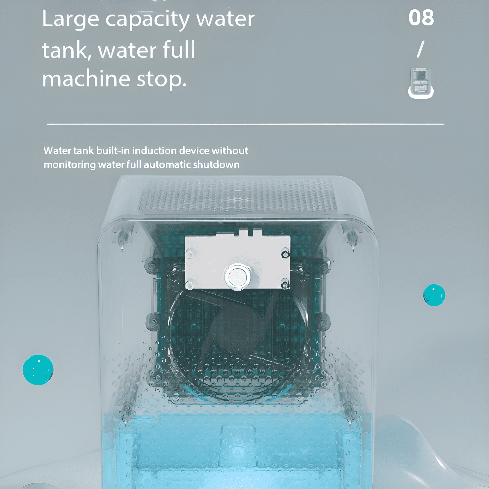 Klarer Wassertank mit blauem Wasser. Text beschreibt Eigenschaften. Transparente Kunststoffabdeckung.