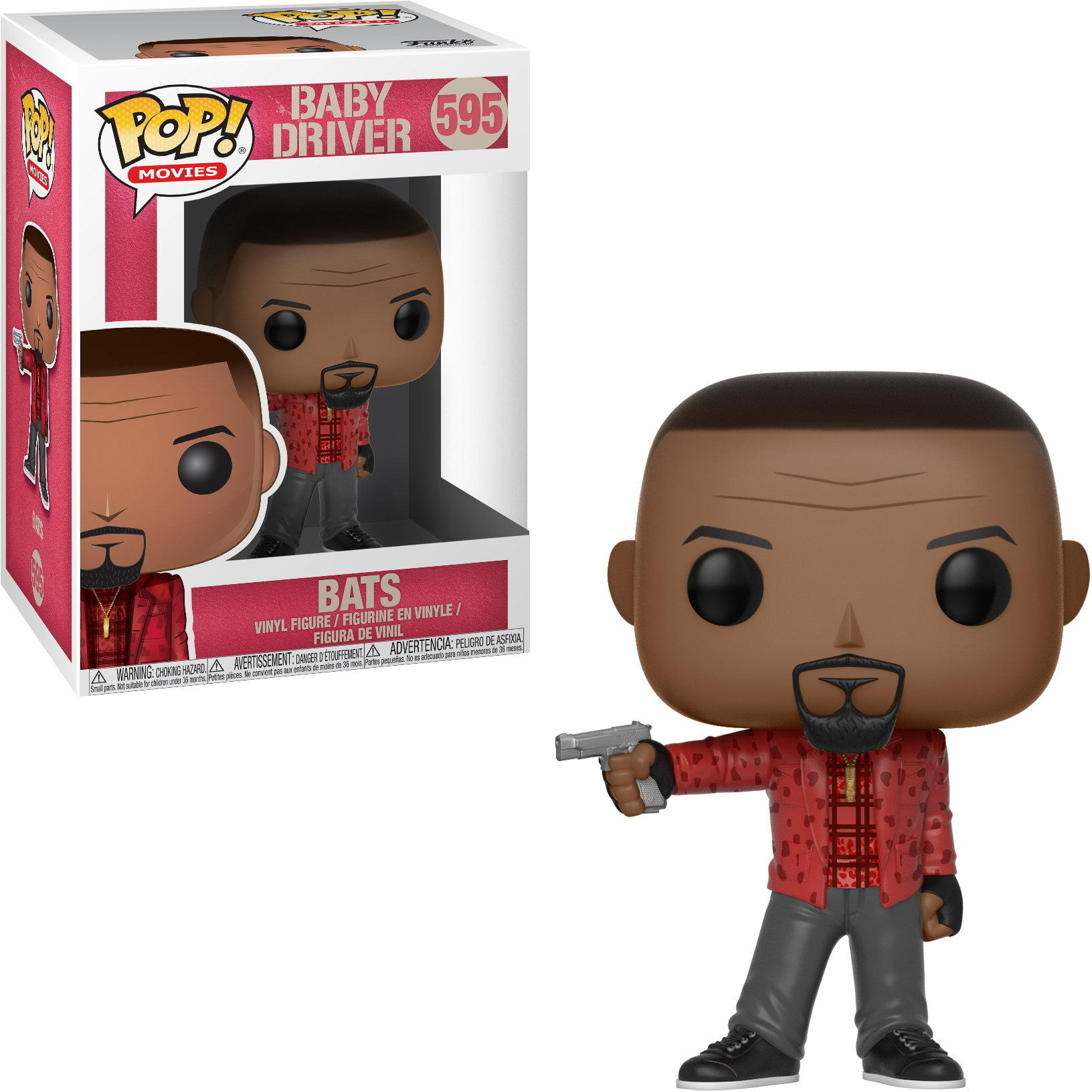 Baby Driver Funko Pop Figur. Ein Mann in roter Jacke hält eine Pistole. Die Box zeigt dieselbe Figur.