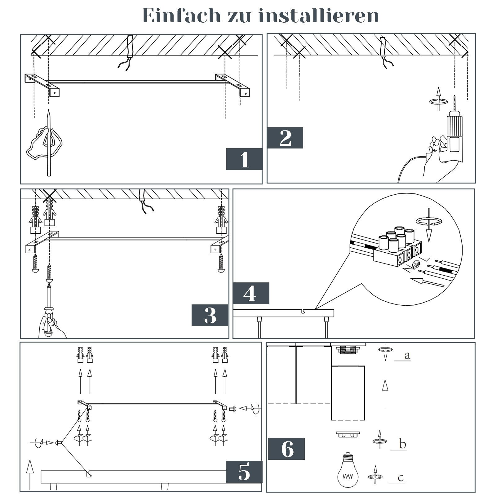 Una guida di istruzioni passo passo per l'installazione di un apparecchio di illuminazione a soffitto, con fasi numerate.