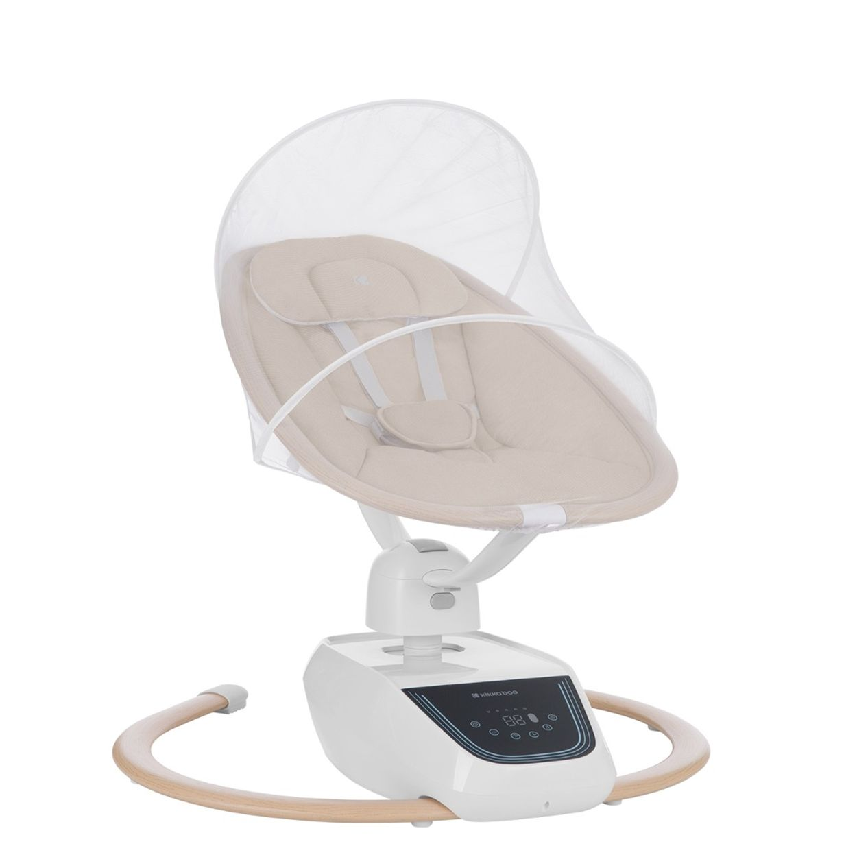 Babyschaukel mit beigem Sitz und weißem Netzbezug. Die Basis ist weiß mit einem Holzbogen.
