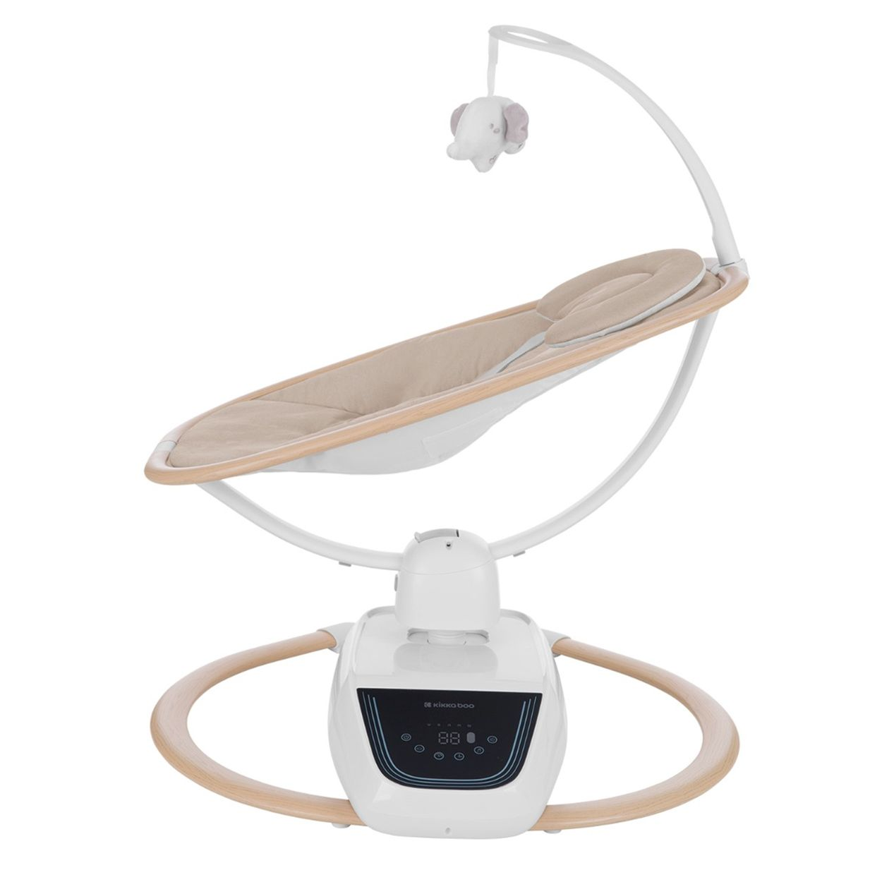 Babyschaukel mit beigem Sitz, weißem Gestell und Mobile mit einem Plüschelefanten.