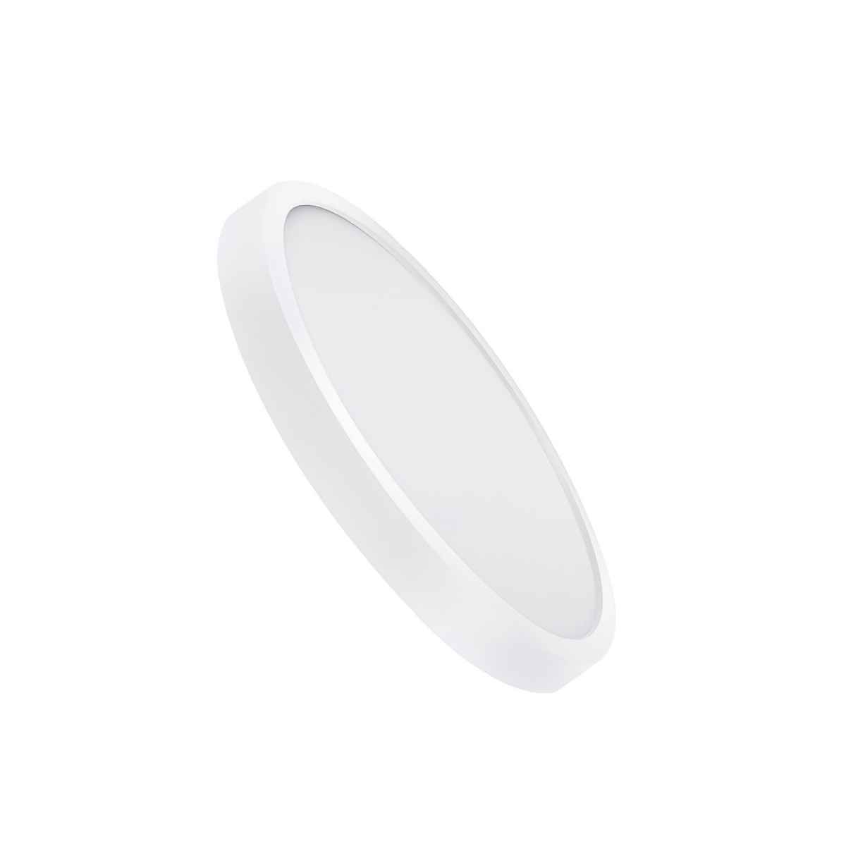 Un apparecchio a soffitto bianco, di forma ovale, moderno, leggermente inclinato verso l'alto su sfondo bianco.