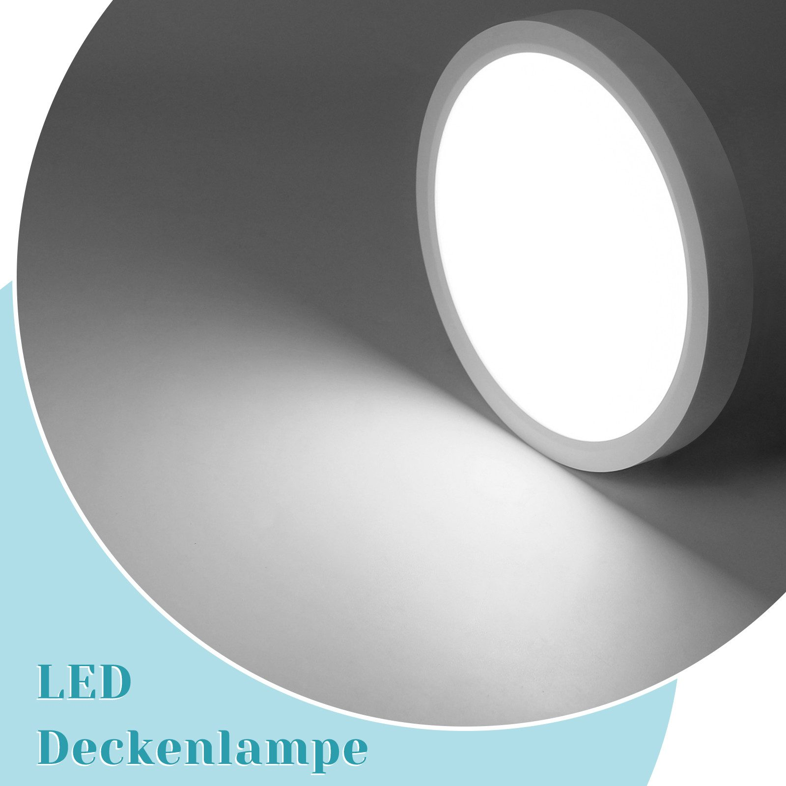 Lampada da soffitto LED rotonda con luce intensa, che proietta una forte luce su una superficie grigia.