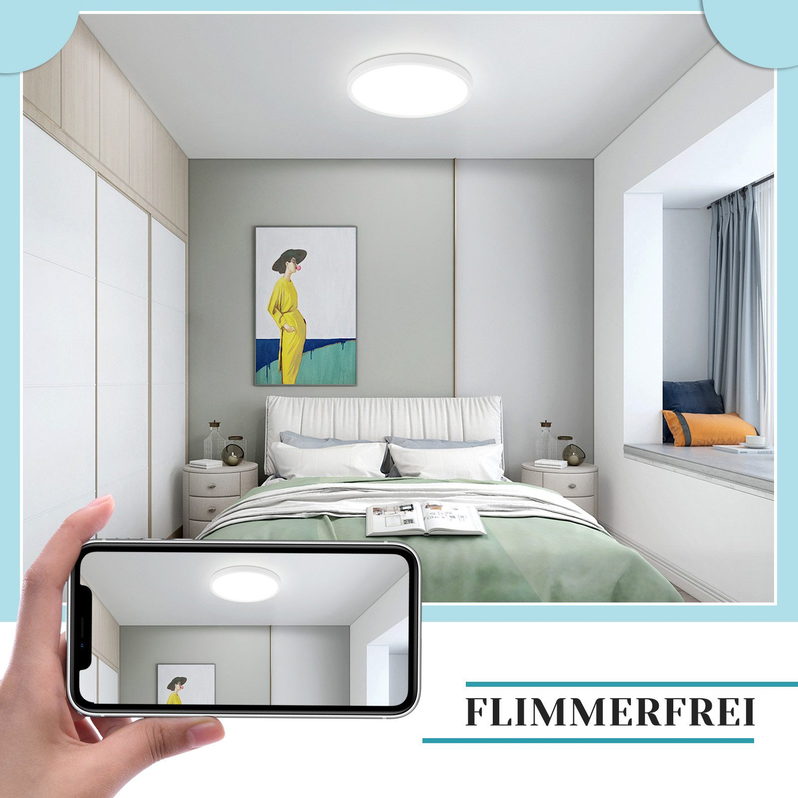 Scena di camera da letto con luce a soffitto; una mano tiene un telefono che mostra la stessa vista.