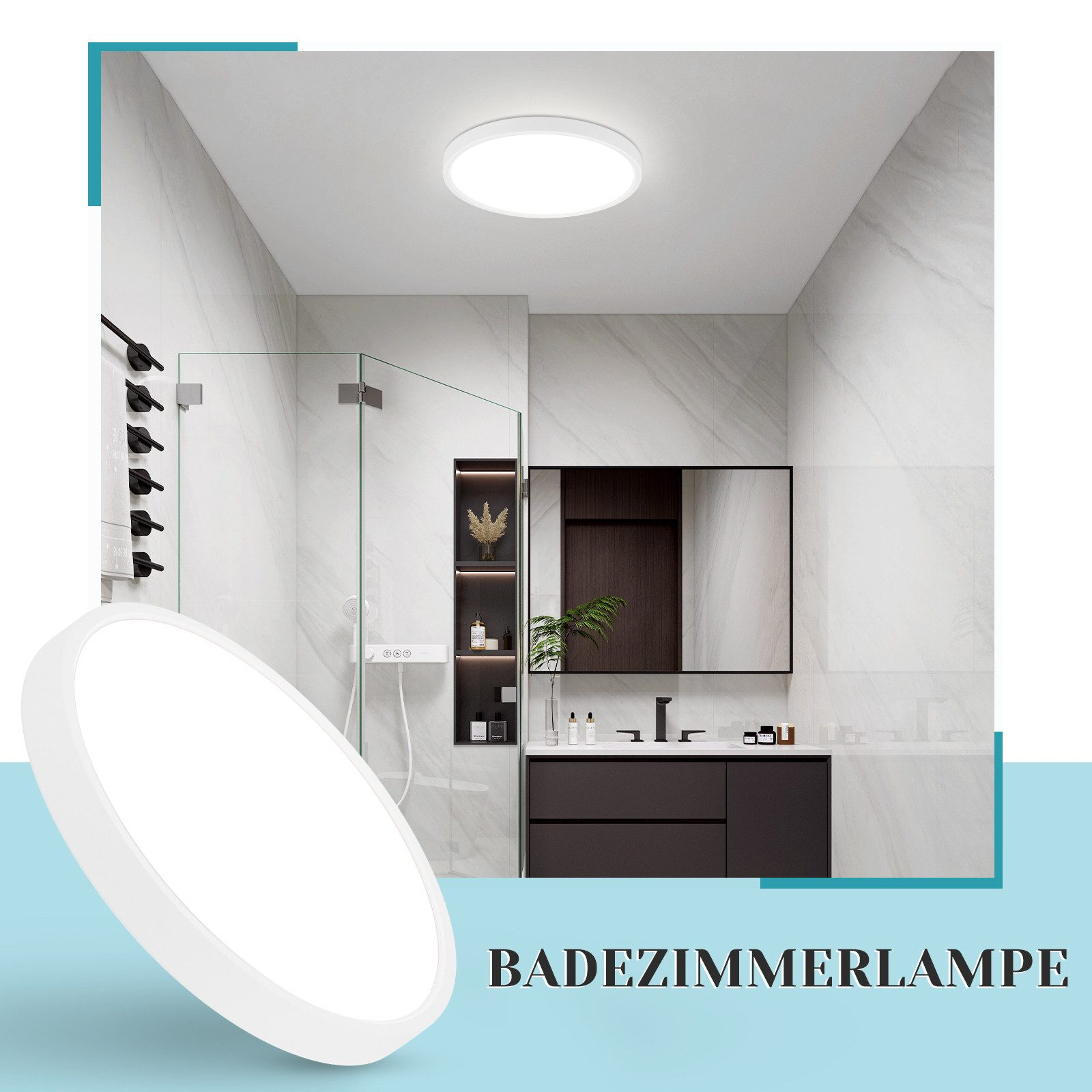 Un bagno con una luce a soffitto rotonda, una doccia, uno specchio e un lavandino.