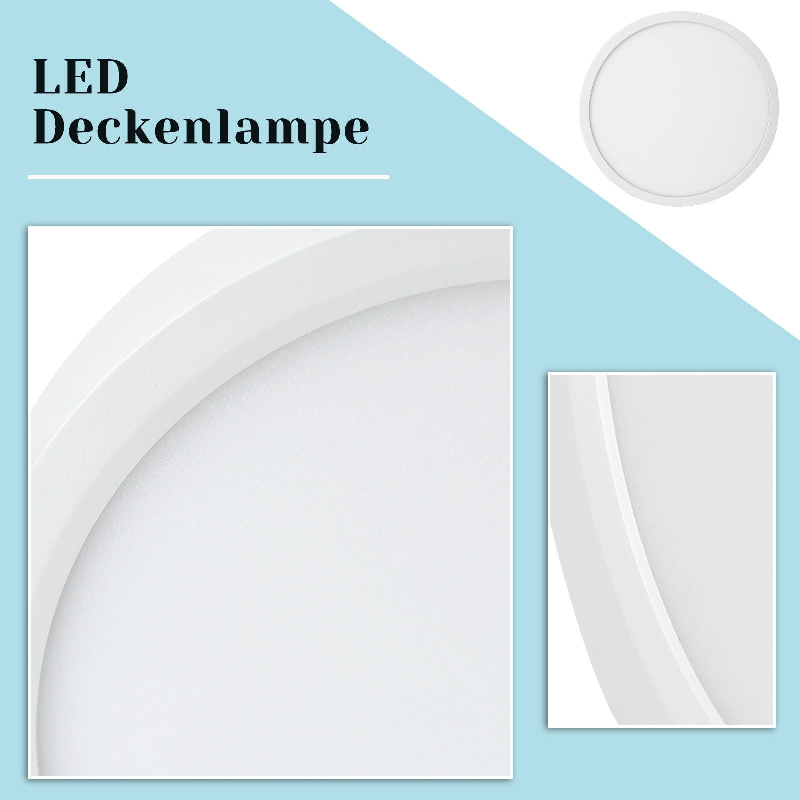 Una lampada da soffitto a LED bianca con una vista ravvicinata della superficie e del suo design, in dettaglio.