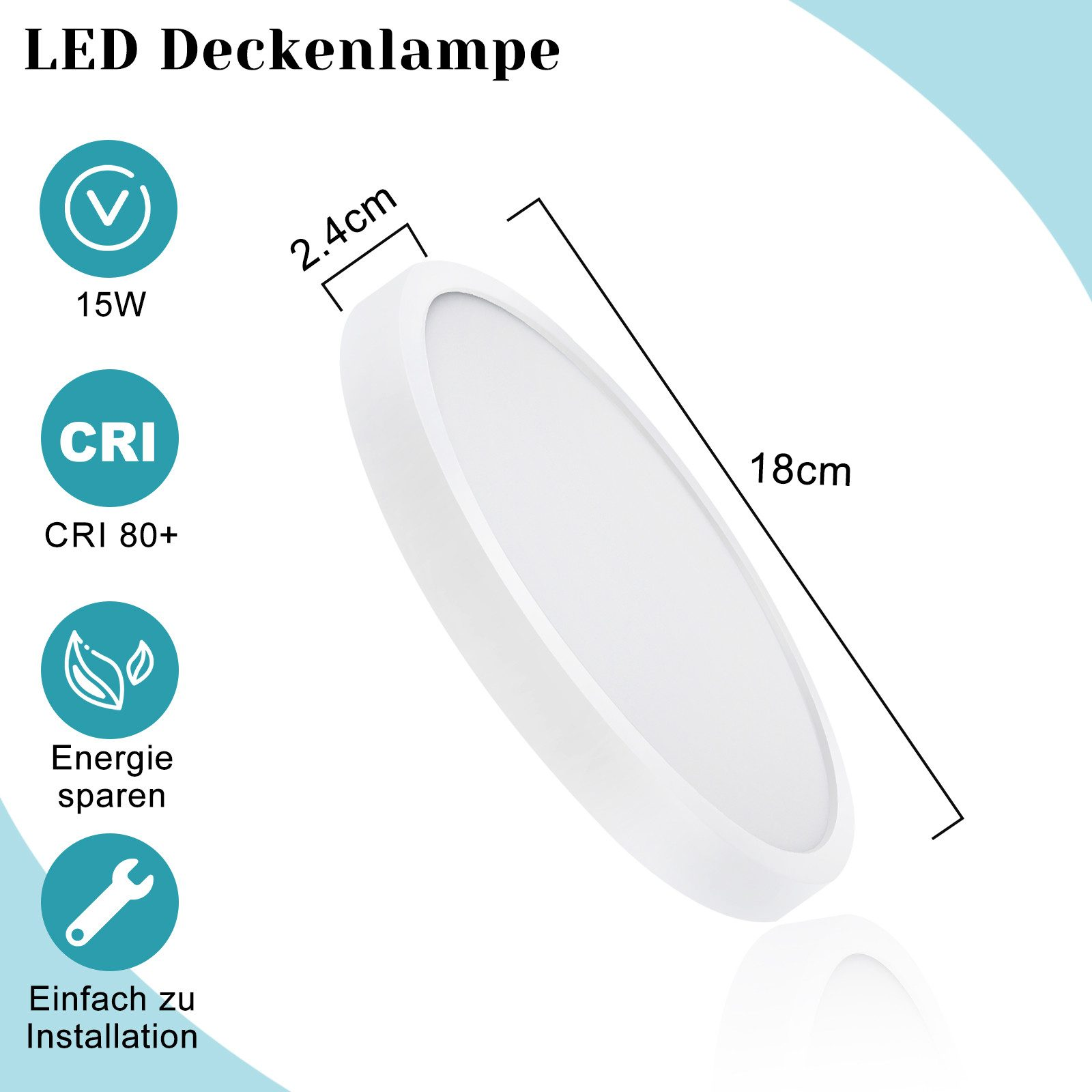 Lampada da soffitto a LED rotonda bianca con dimensioni e icone di risparmio energetico.