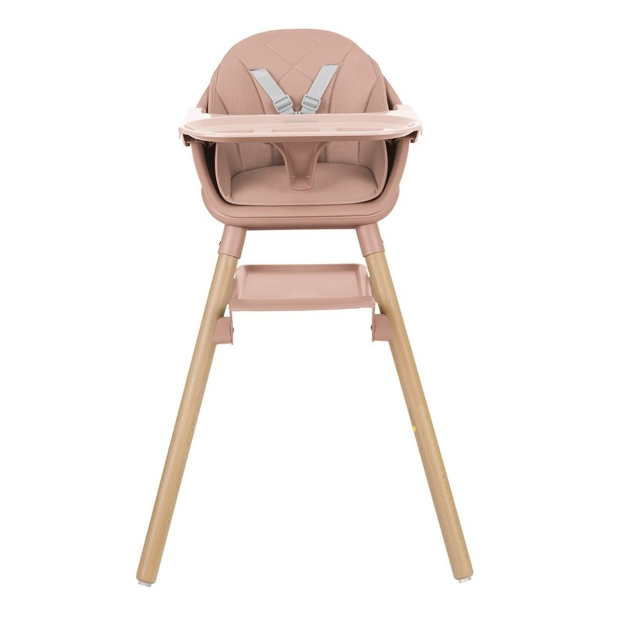 Ein rosa Hochstuhl mit Holzbeinen und Tablett. Mit Sitz und Gurten für Kindersicherheit.