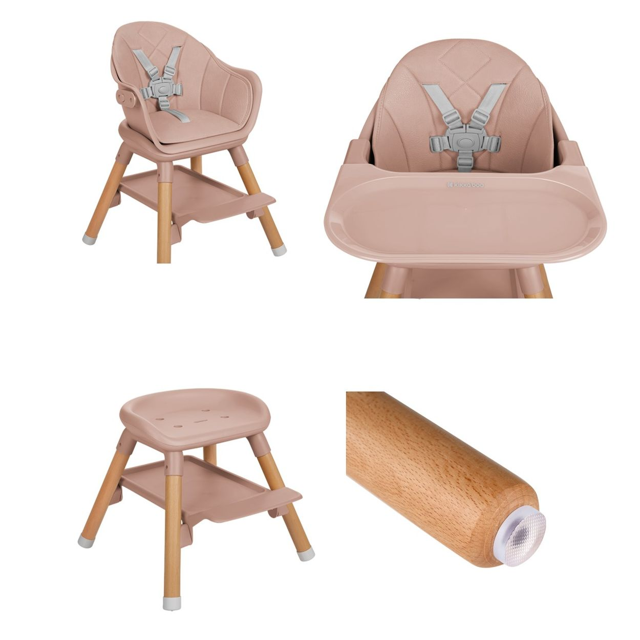Mehrere Ansichten eines rosa Hochstuhls. Er hat Holzbeine, ein Tablett und einen Sicherheitsgurt.