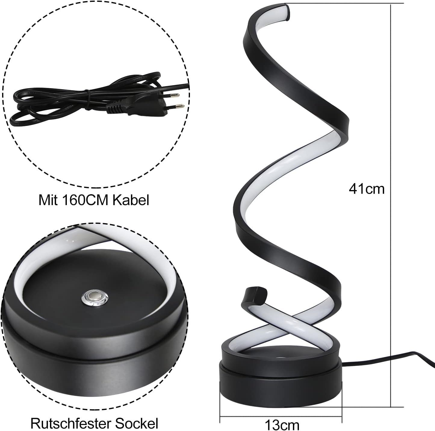 Czarno-biała lampa ze spiralnym wzorem i czarną podstawą. Ma 41 cm wysokości, 13 cm szerokości.