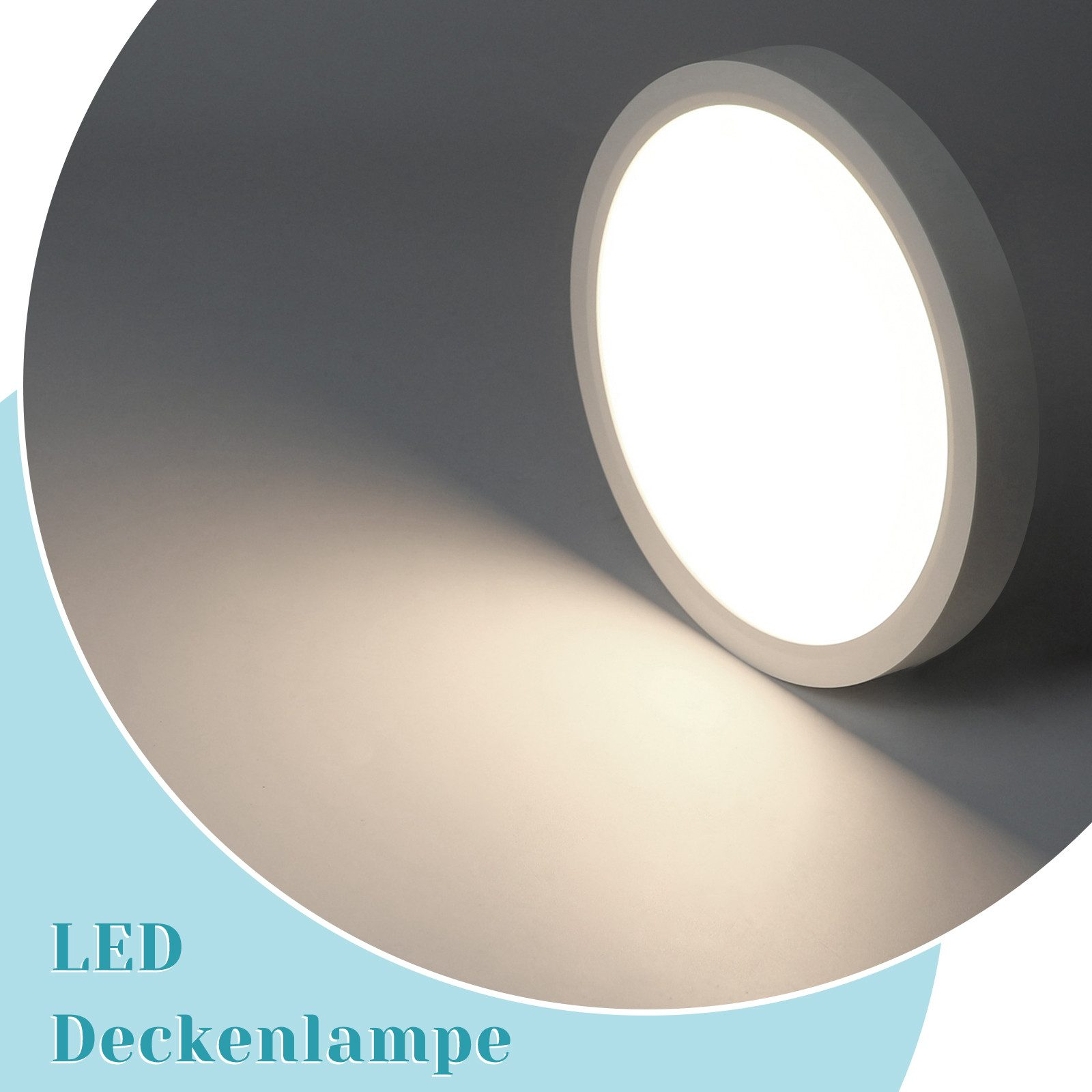 Una lampada da soffitto a LED rotonda, che emette una luce intensa. Il testo LED Deckenlampe è in basso.