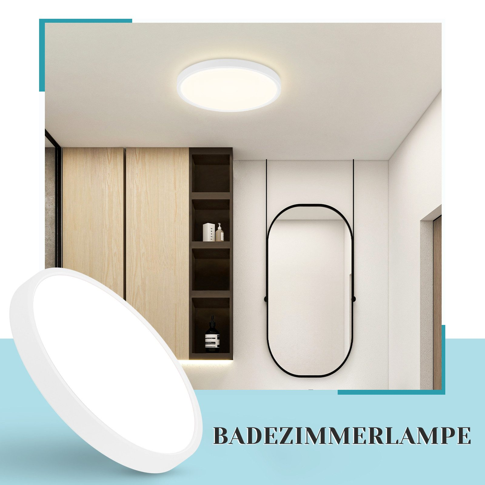 Una lampada da soffitto bianca e rotonda in un bagno moderno con specchio e armadio in legno.