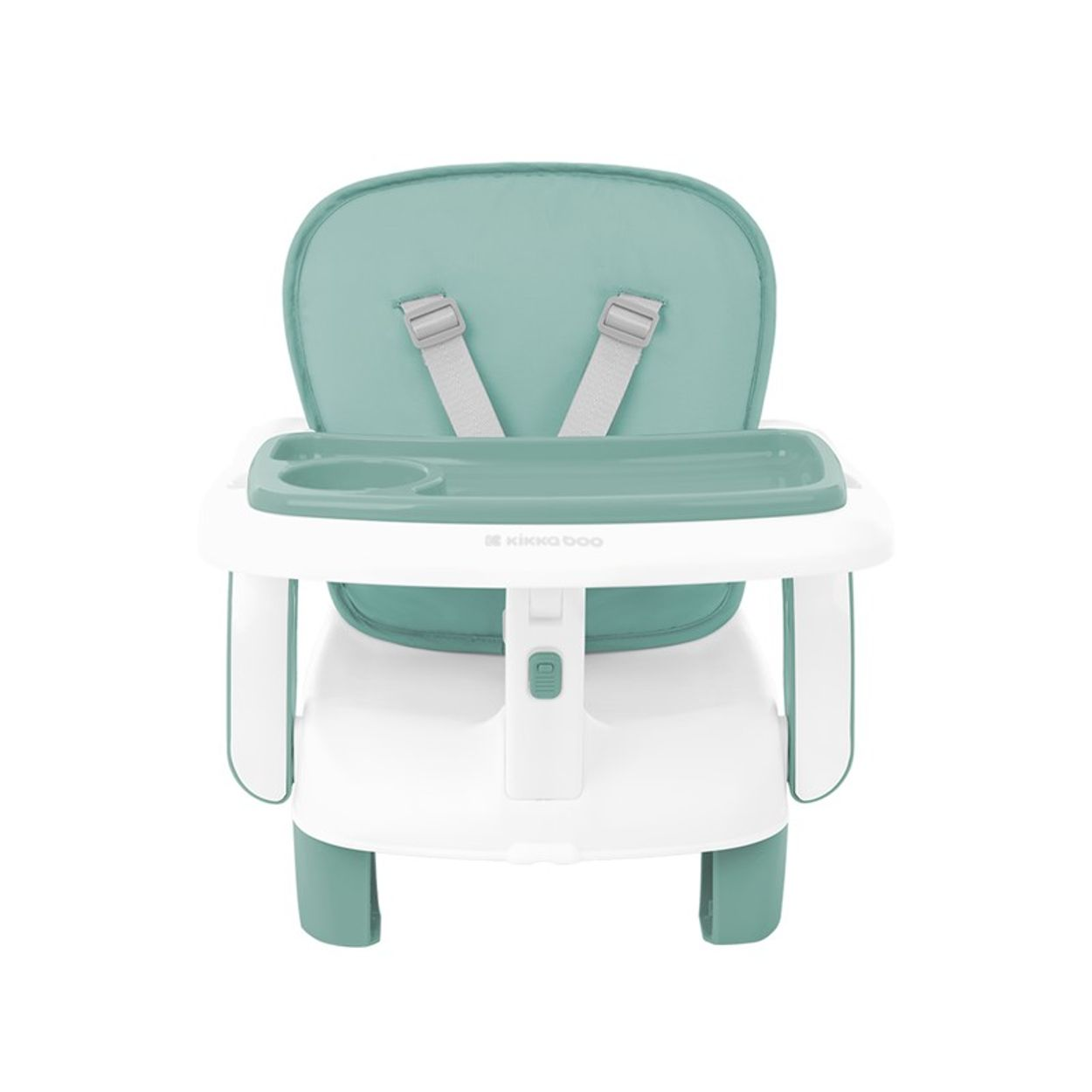 Babyhochstuhl mit mintgrünem Sitz und Tablett. Der Stuhl ist weiß und hat einen grünen Sockel.