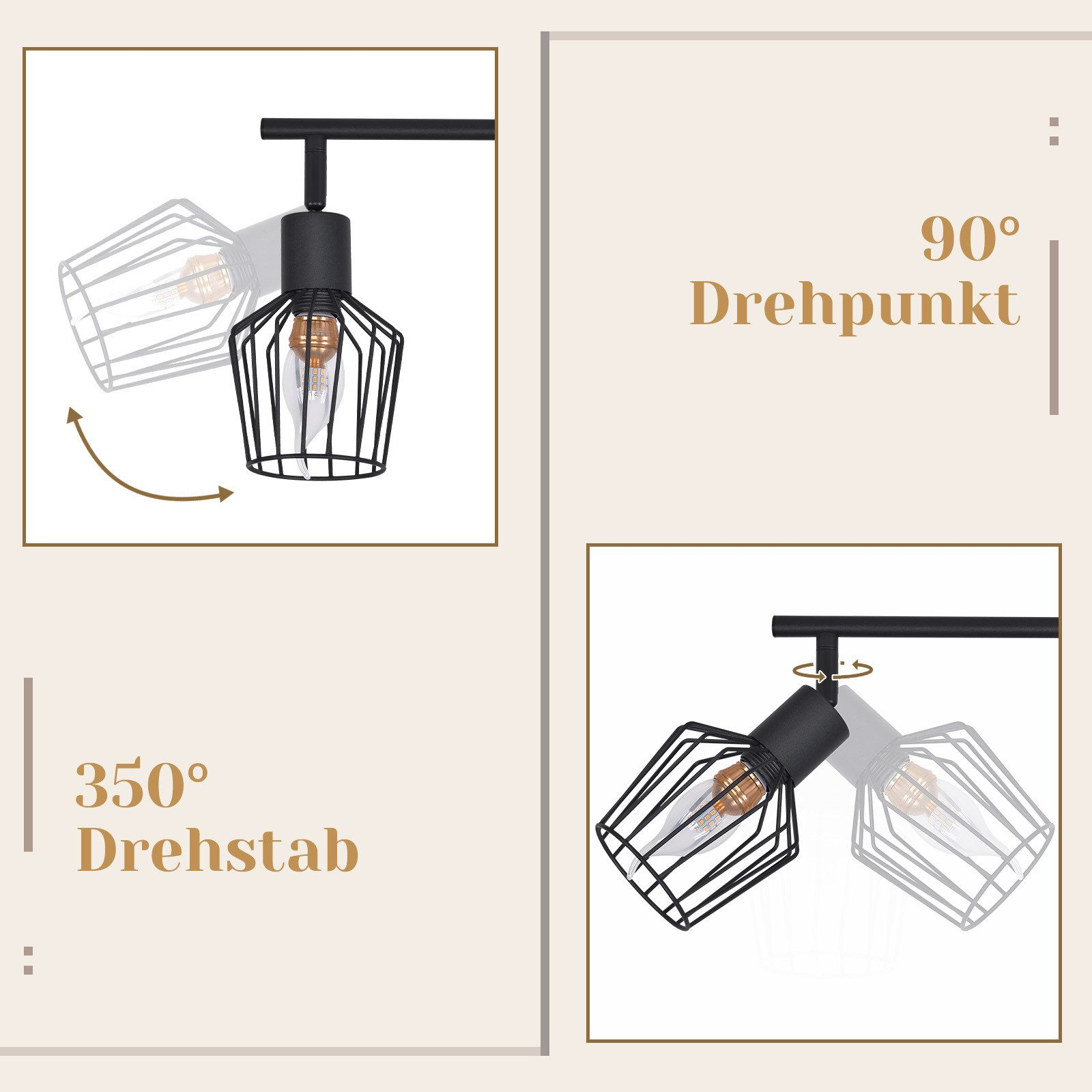 Diagramy pokazujące regulację reflektora. Jeden pokazuje obrót o 350°. Drugi punkt obrotu 90°.