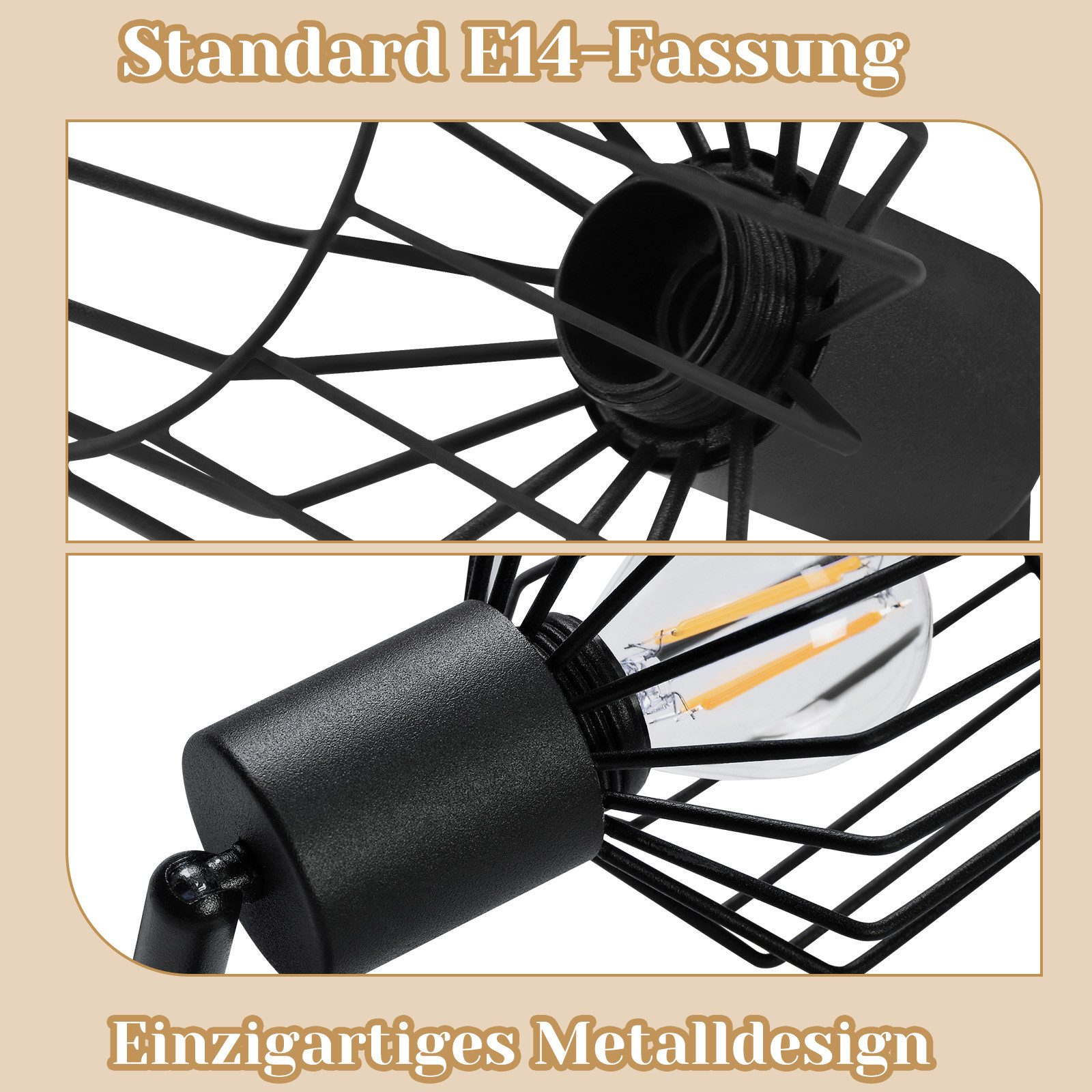 Primer plano de una lámpara de metal que muestra una bombilla E14 y las palabras 'Einzigartiges Metalldesign'.