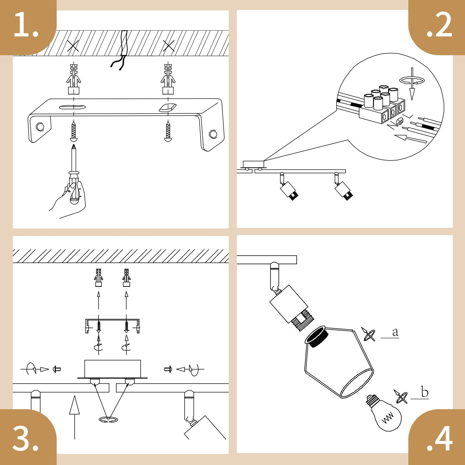 Diagrama de cuatro pasos de cómo instalar focos.