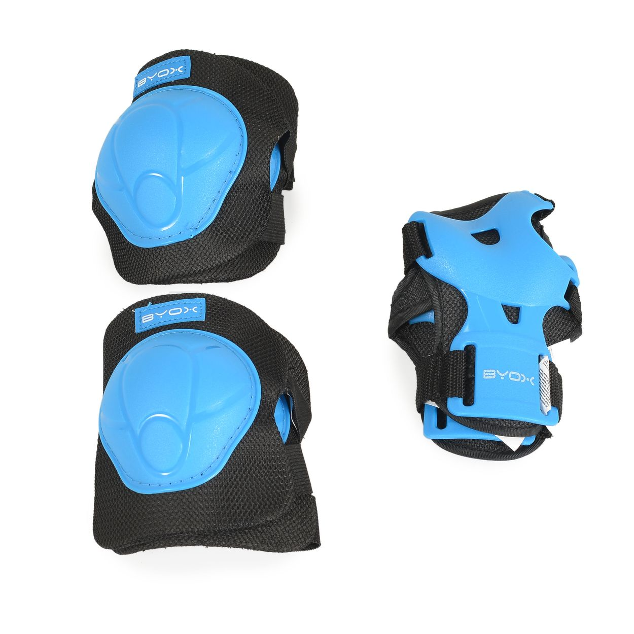 Blaue und schwarze Knie- und Ellenbogenschützer. Drei Teile sind gezeigt.
