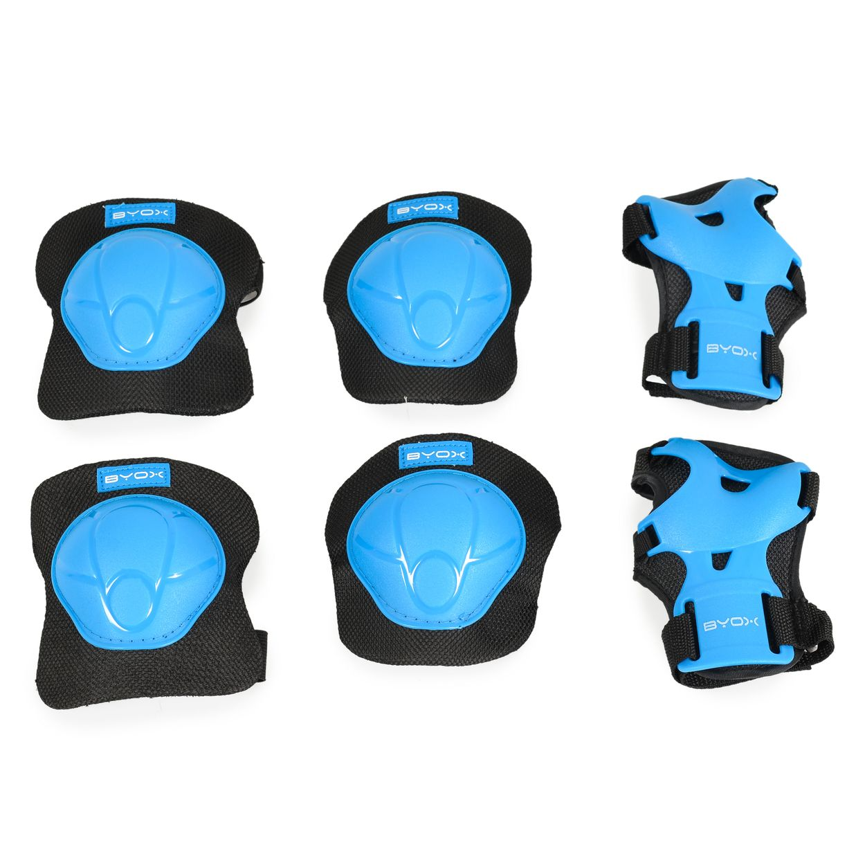 Blau-schwarzes Schutzkissen-Set für Knie und Ellbogen. Enthält sechs Kissen.