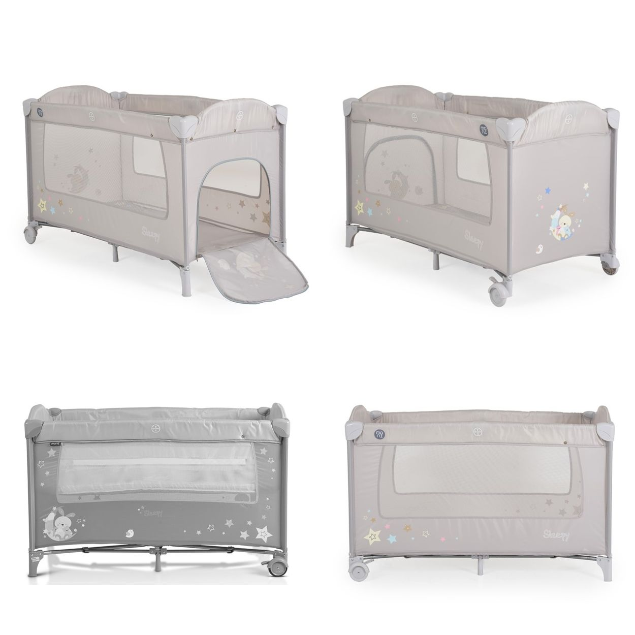 Vier Bilder eines Babyreisebettes. Das Bett ist grau und hat ein Netzfenster. Einige haben eine herunterklappbare Seite.