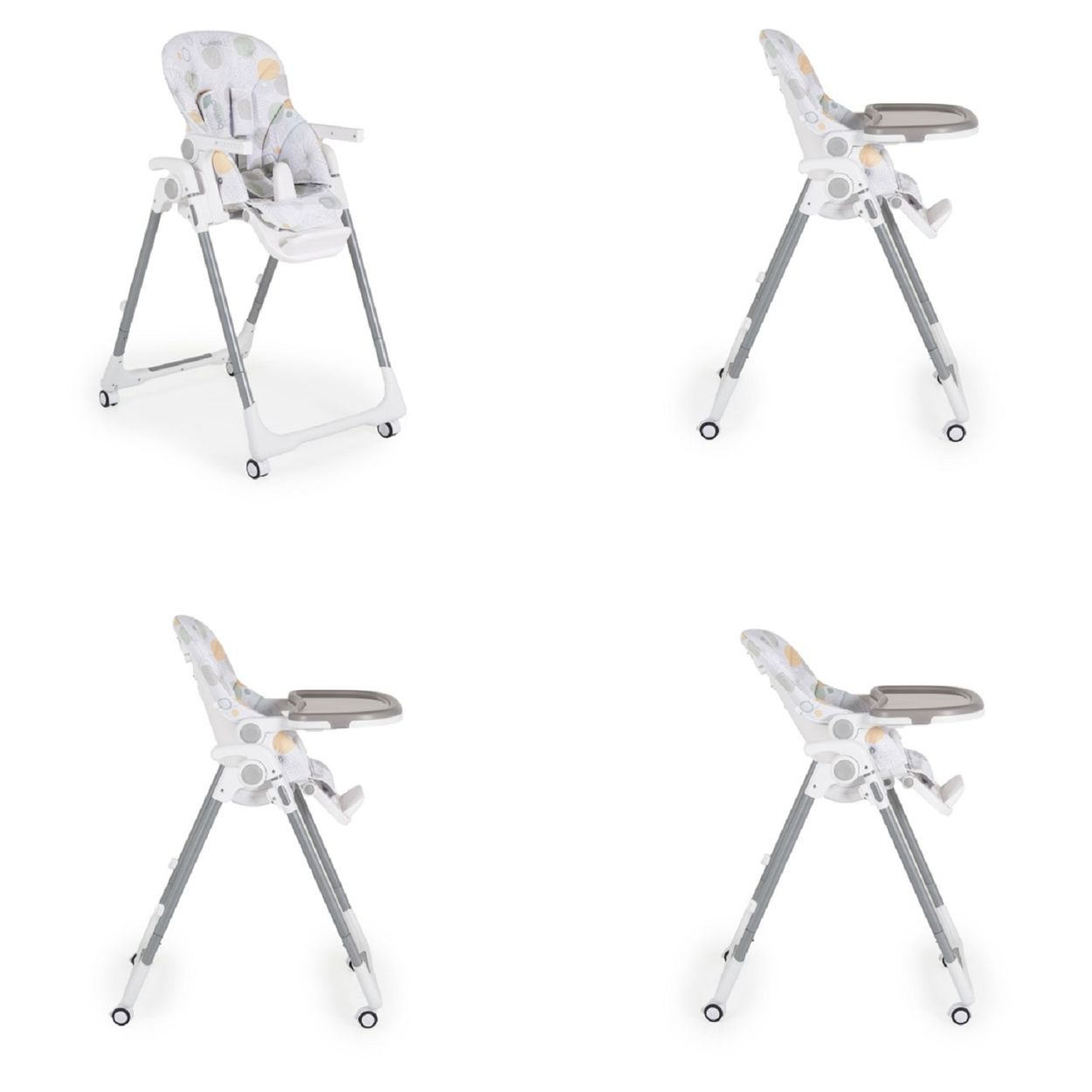Vier Ansichten eines Hochstuhls für ein Baby. Der Stuhl ist weiß und hat einen grauen Sitz mit einem Tablett.