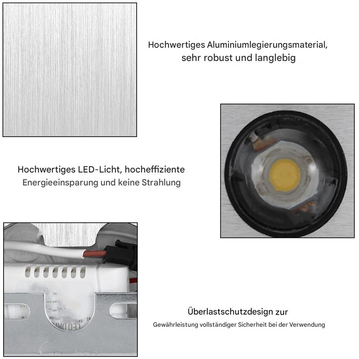 Nahaufnahmen eines Metallpaneels, einer LED-Leuchte und elektronischer Komponenten. Text auf Deutsch.