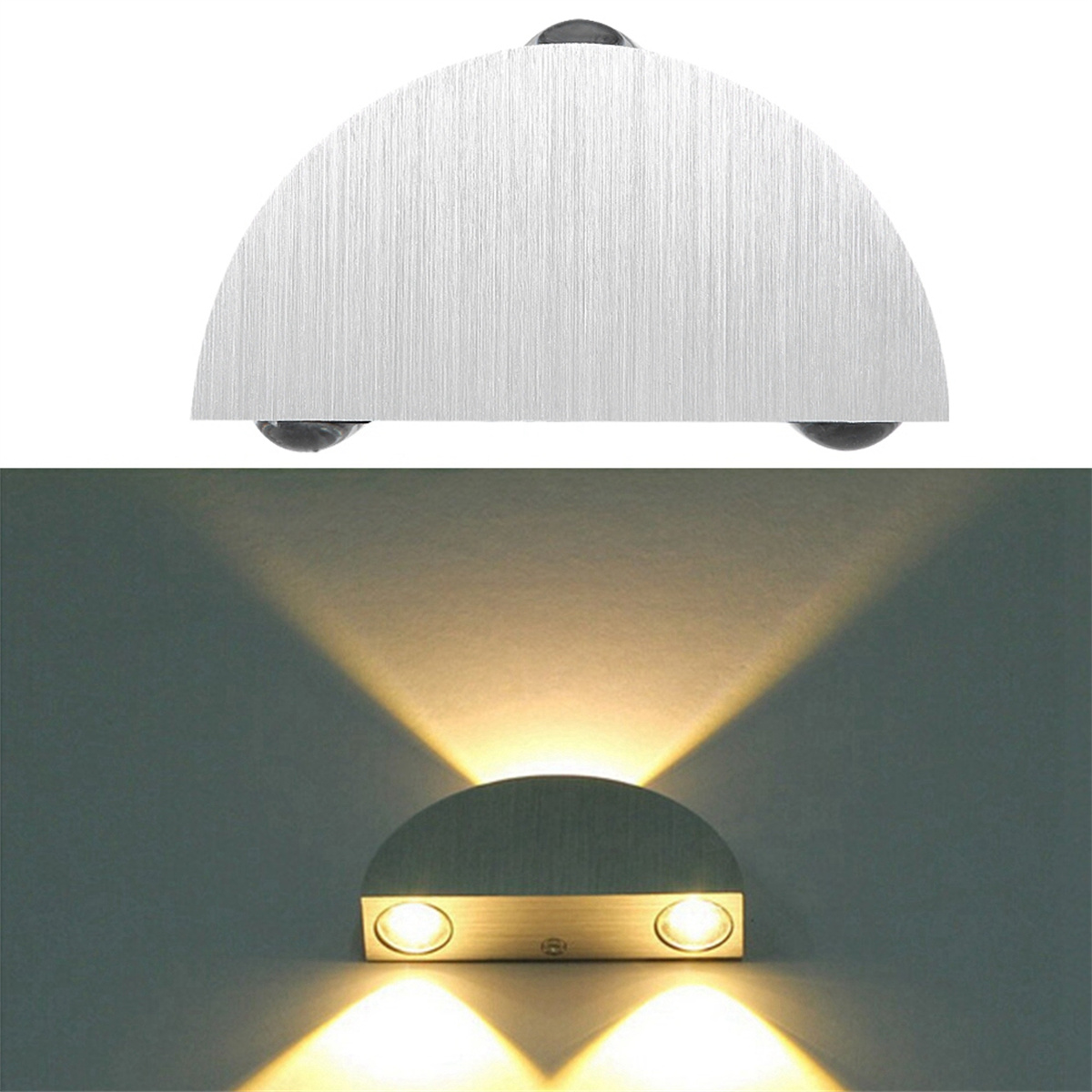 Eine silberne, halbkreisförmige Wandleuchte mit zwei Lichtquellen. Die Ansicht von unten zeigt das emittierte Licht.