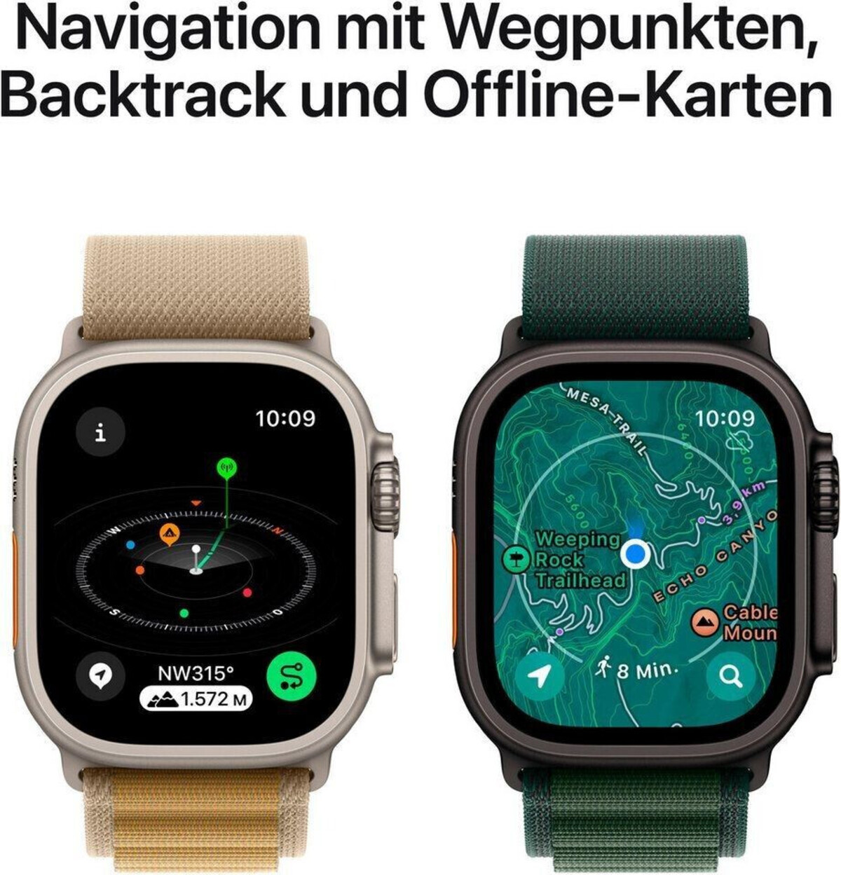 Two smartwatches displaying map and compass interfaces. Text at the top reads 'Navigation with Waypoints'.