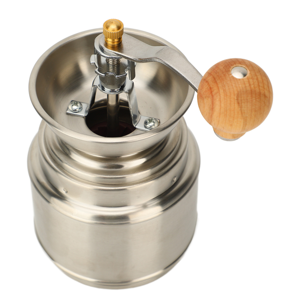 Eine manuelle Kaffeemühle aus Metall und Holz. Sie hat eine Kurbel und einen Holzknauf.