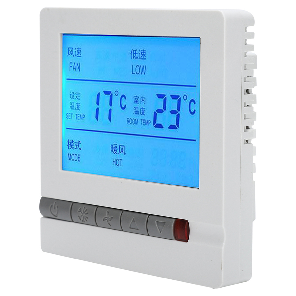 Ein digitaler Thermostat mit blauem Bildschirm, der 17°C und 23°C anzeigt, weißes Gehäuse.