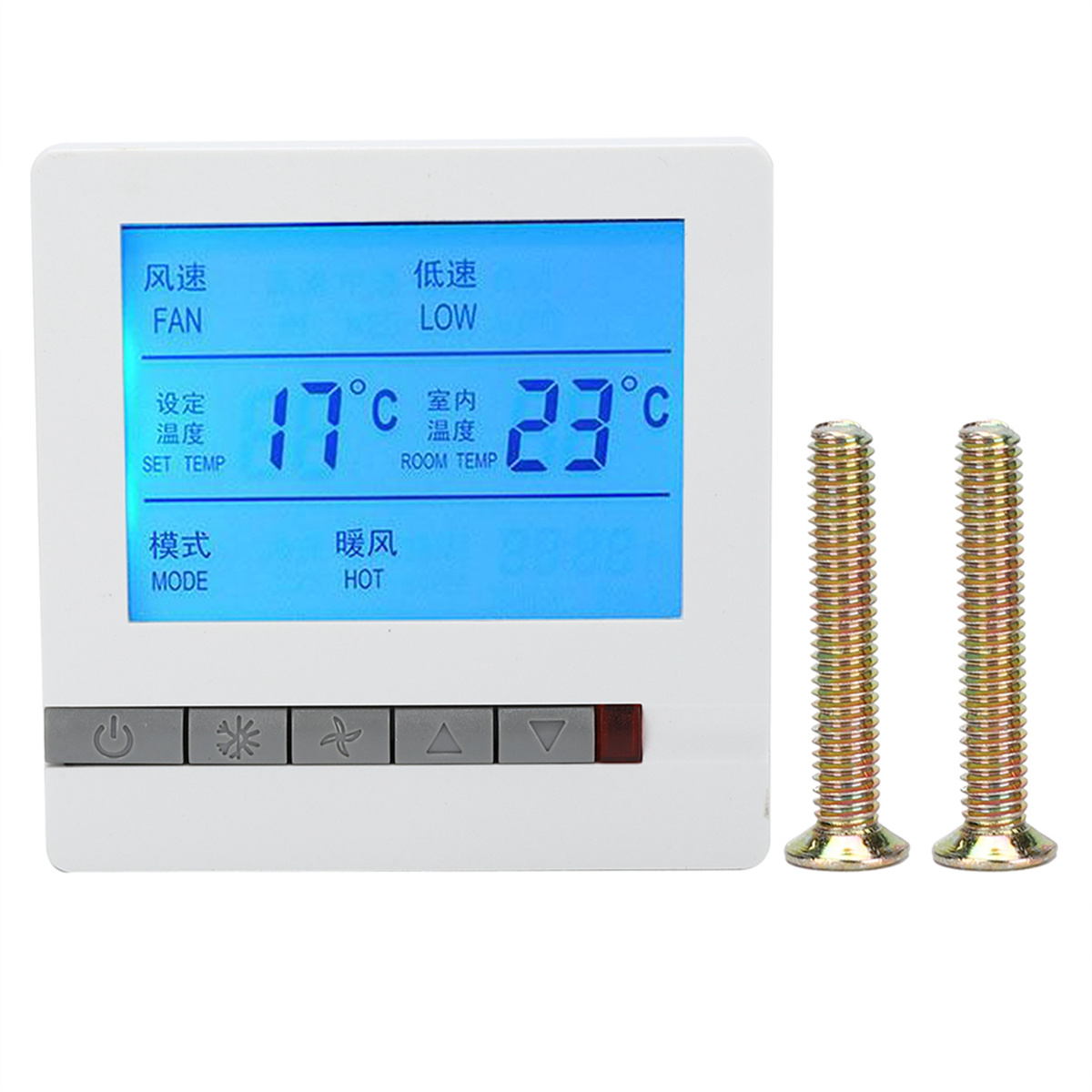 Weißes digitales Thermostat mit Temperaturanzeige und Schrauben.