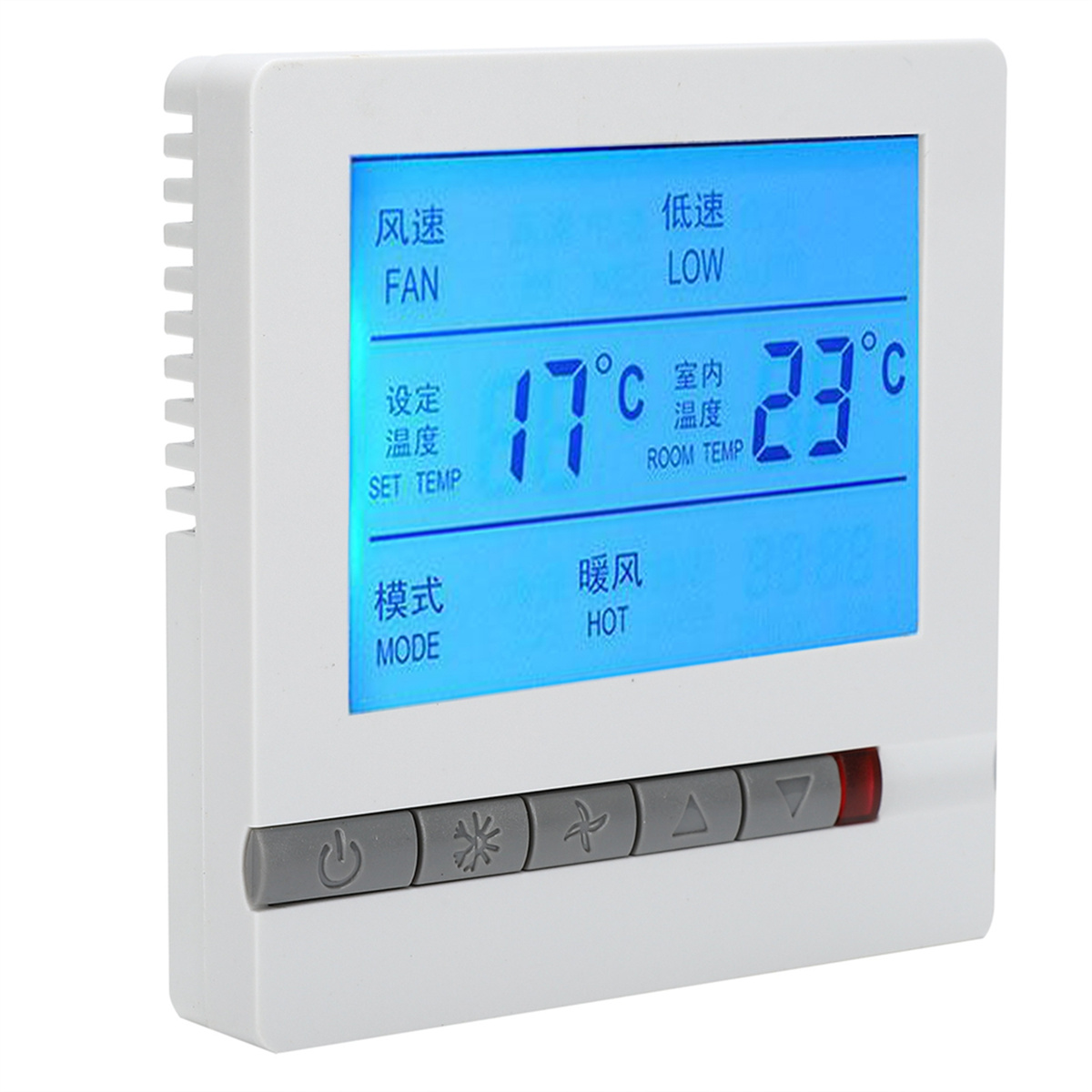 Ein weißes Thermostat mit blauem Display, das Temperatur und Einstellungen zeigt.
