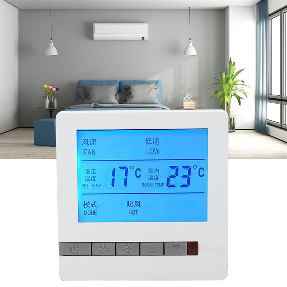 Weißer Thermostat mit Digitalanzeige, die Temperatur in Celsius und Raumtemperatur anzeigt.