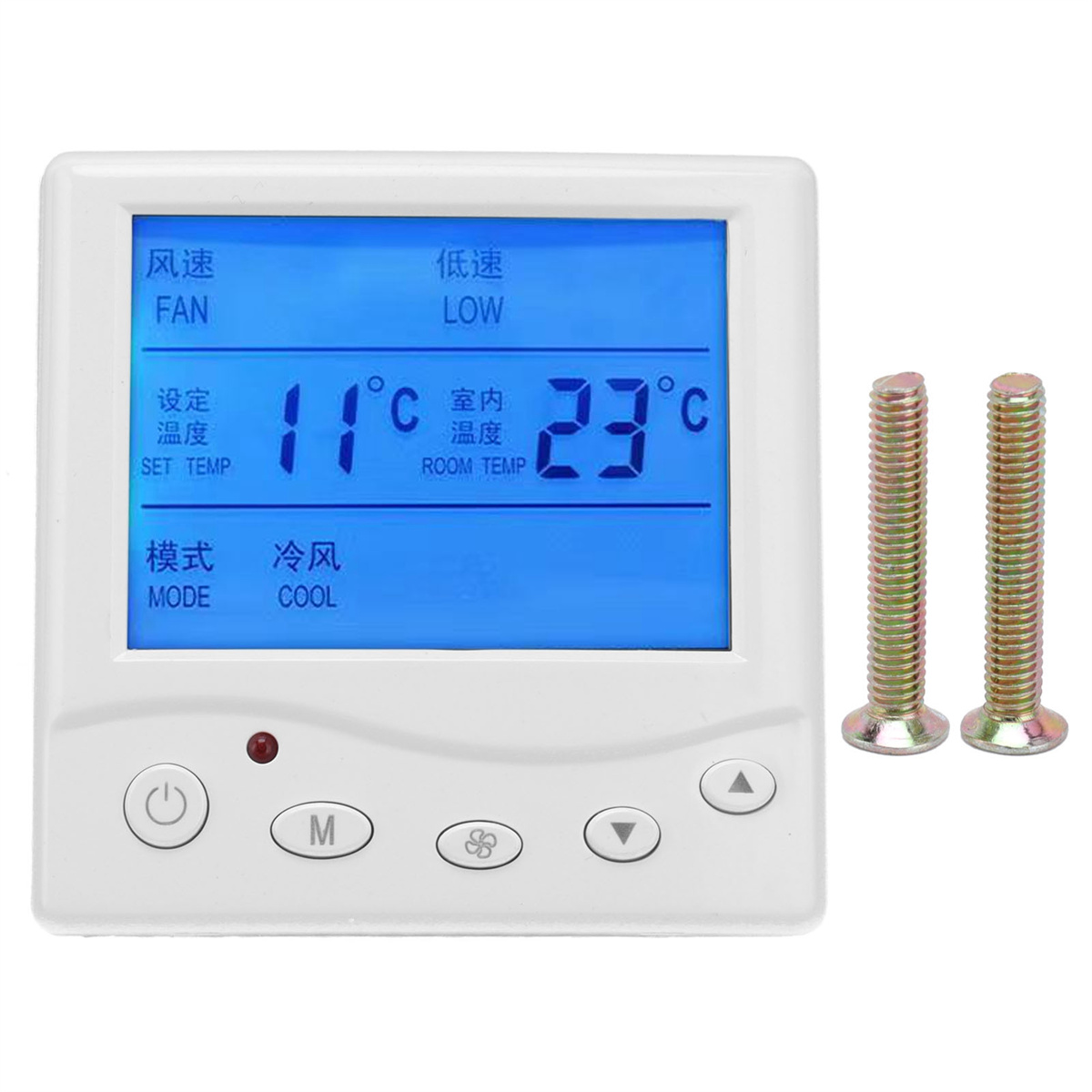 Digitales Klimaanlagen-Bedienfeld. Anzeige zeigt Temperatur in Celsius und Einstellungen. Zwei Schrauben darunter.