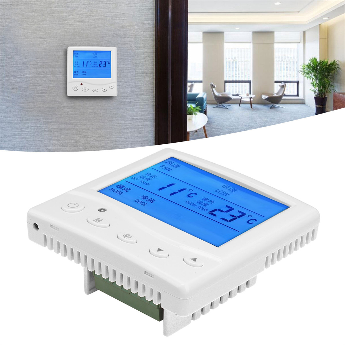 Ein weißer Thermostat mit blauem Display, das die Temperatur anzeigt. Ein weiterer Thermostat ist an der Wand montiert.