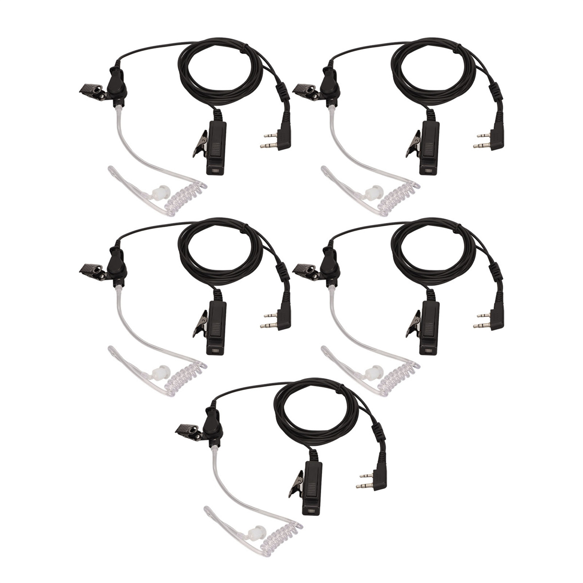 Fünf schwarze Walkie-Talkie-Headsets mit transparenten Ohrhörern und Clips sind vor weißem Hintergrund angeordnet.