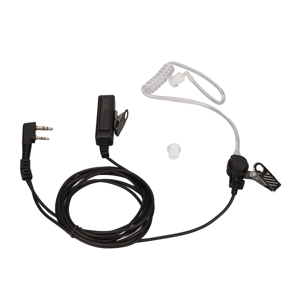 Schwarzes Ohrhörer mit Mikrofon und Stecker. Es hat einen transparenten Schlauch zum Ohr.