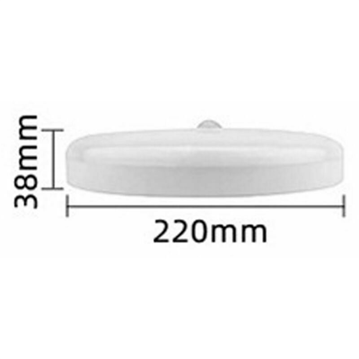 Weiße, runde Deckenlampe. Abmessungen sind 220 mm Länge und 38 mm Höhe.