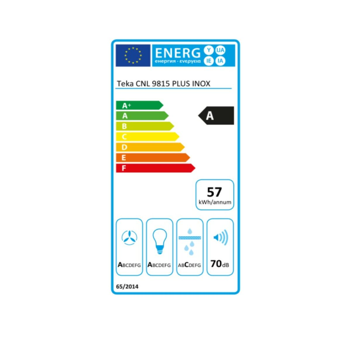 Etiqueta energética para campana Teka, mostrando clase A.