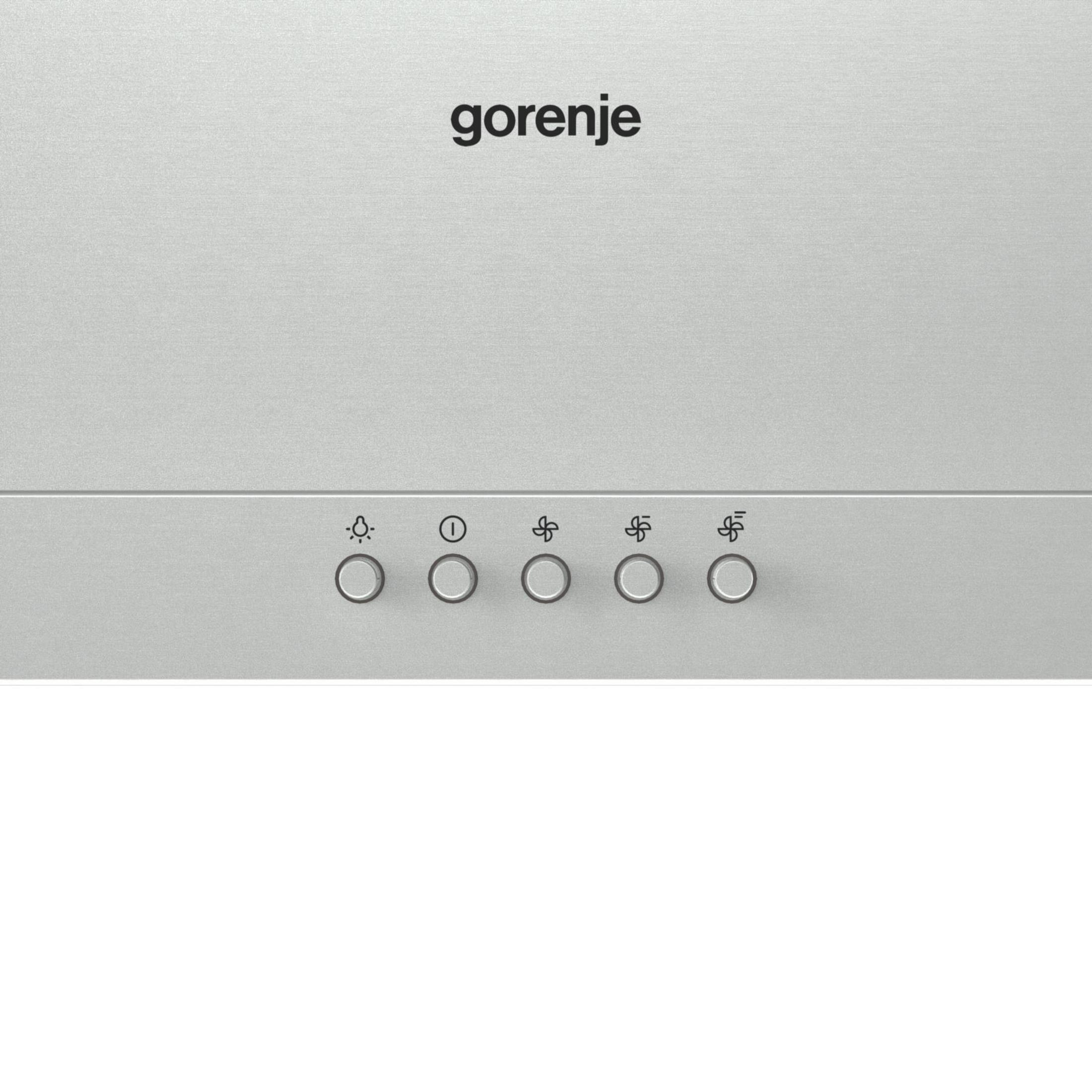 Primo piano del pannello di controllo di una cappa Gorenje argentata con cinque pulsanti.