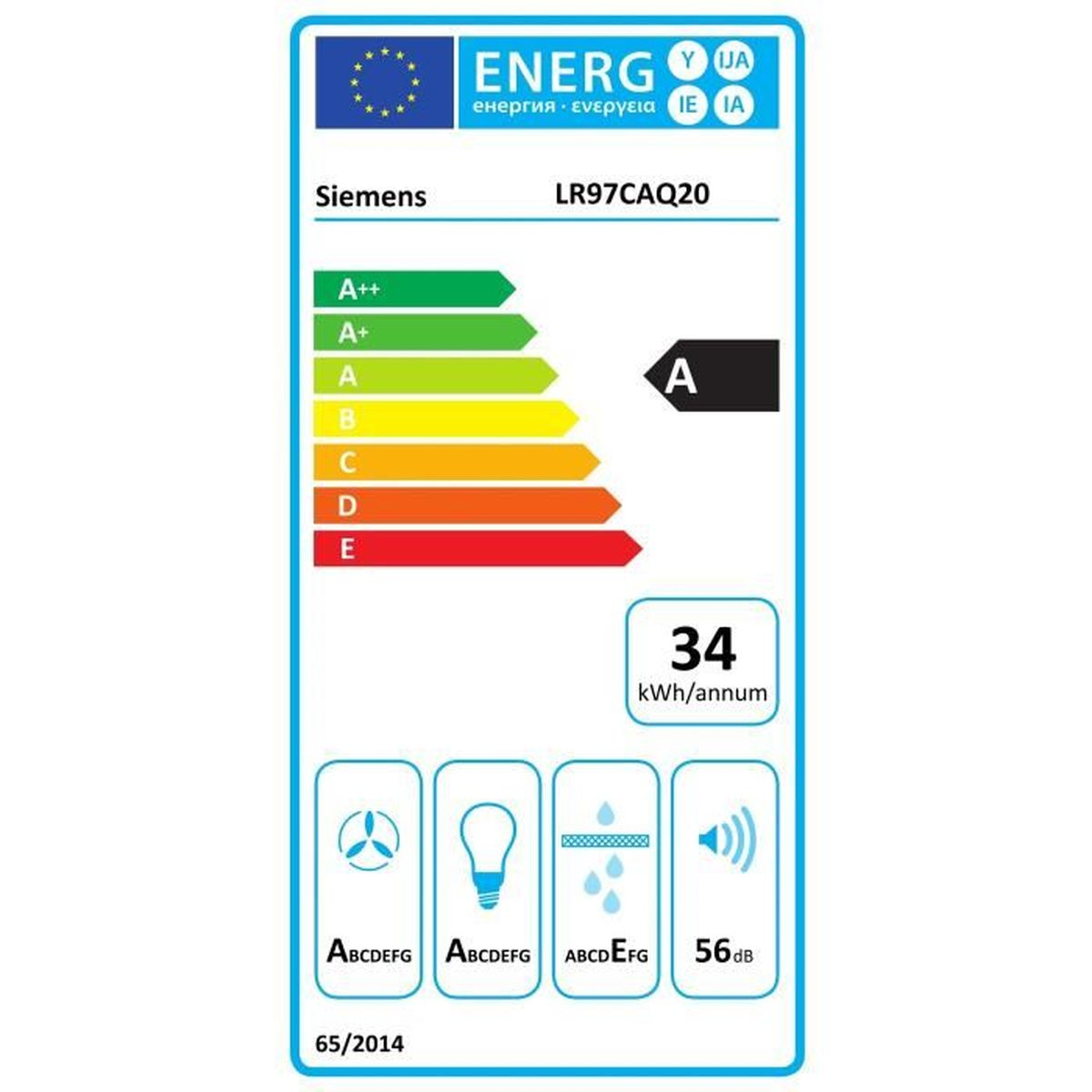 Etichetta energetica con cornice blu. Ha il marchio Siemens e la classe energetica A. Il consumo annuo è di 34 kWh.
