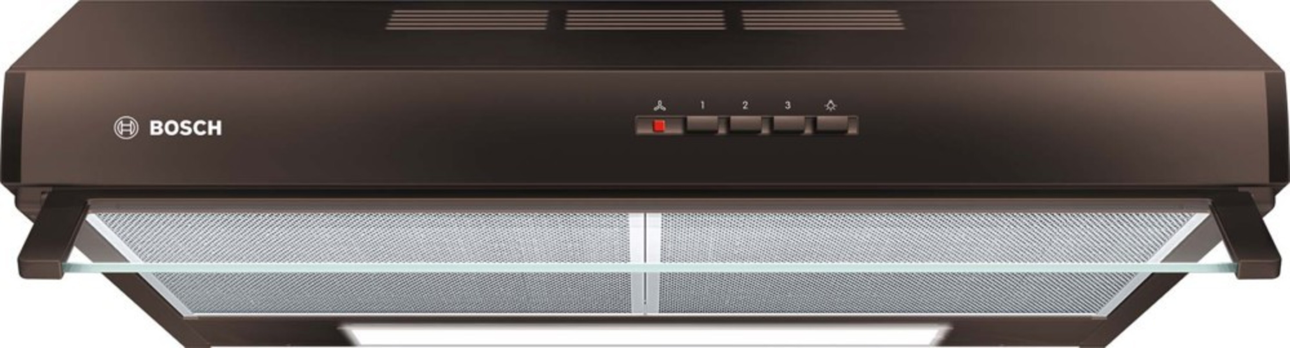 Una cappa marrone scuro con pulsanti di controllo e il logo del marchio Bosch.