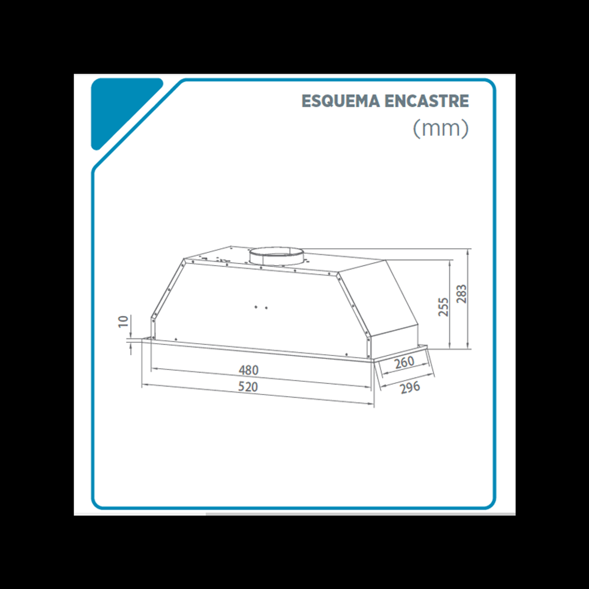 Un dibujo técnico de una campana extractora, mostrando dimensiones y una vista superior.