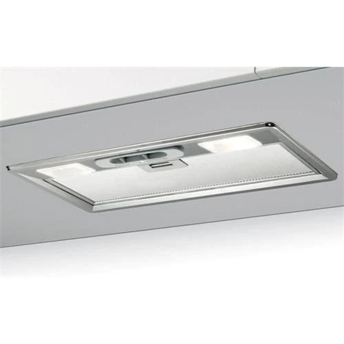 Vista inferior de una campana de cocina con luces y un marco plateado.