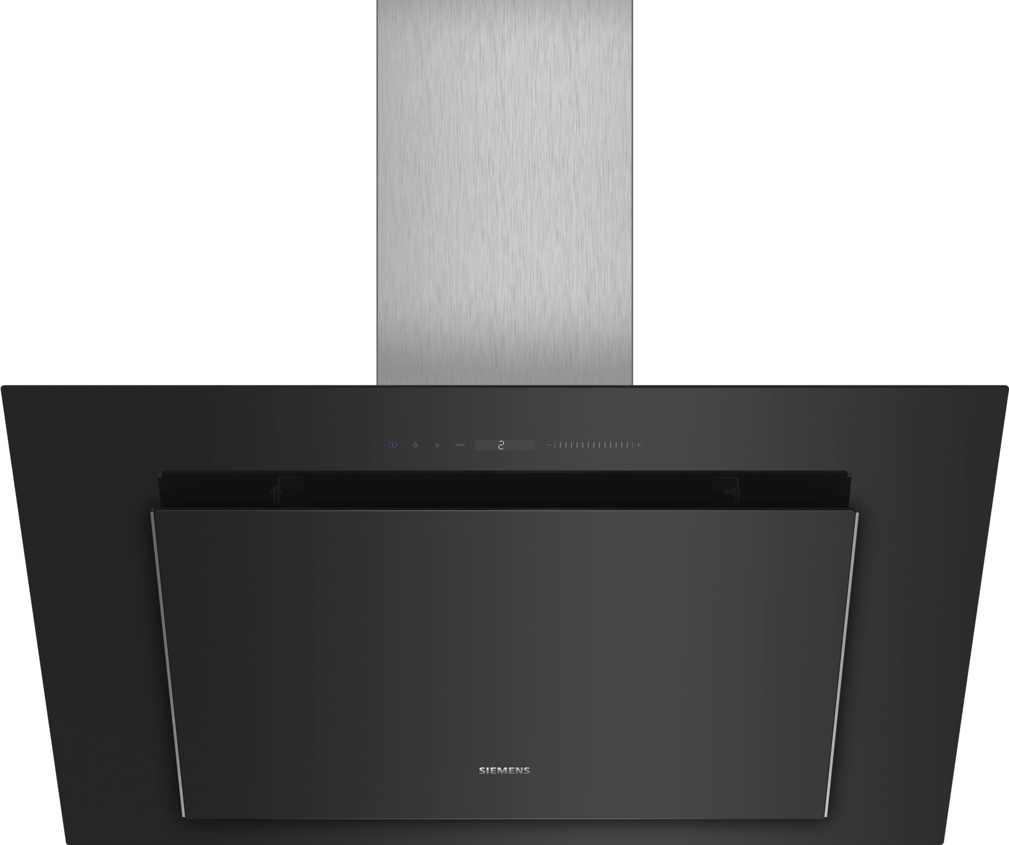 Cappa Siemens nera, con pannello in vetro nero e parte superiore argentata.
