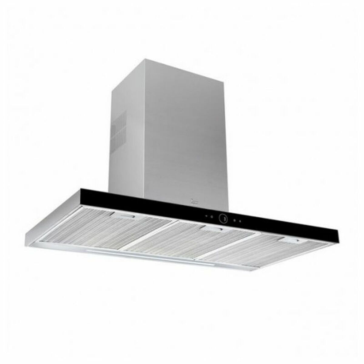 Cappa in acciaio inox con pannello nero e luci, su sfondo bianco.