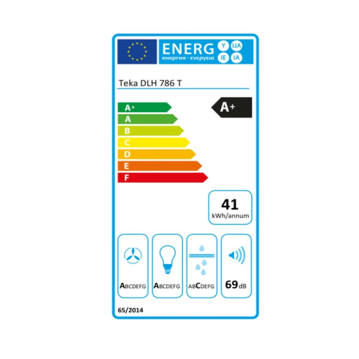 Etichetta energetica per una cappa Teka DLH 786 T, con informazioni sull'efficienza energetica.