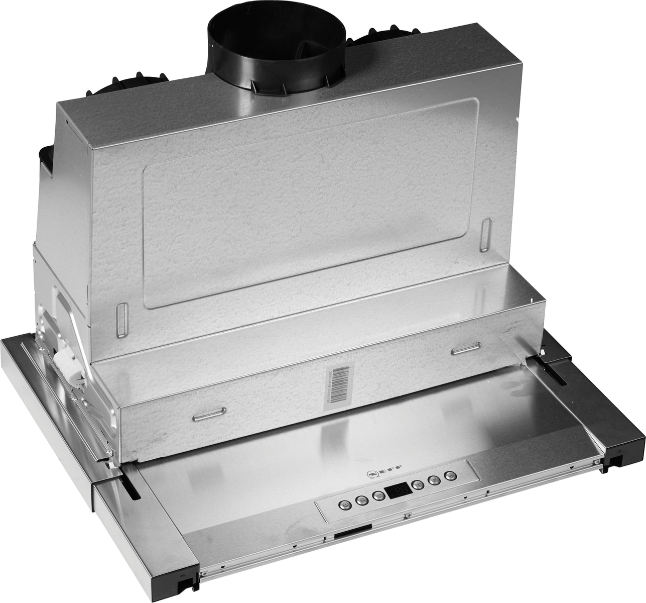 Una cappa in acciaio inox senza marchio visibile. Ha un pannello di controllo.