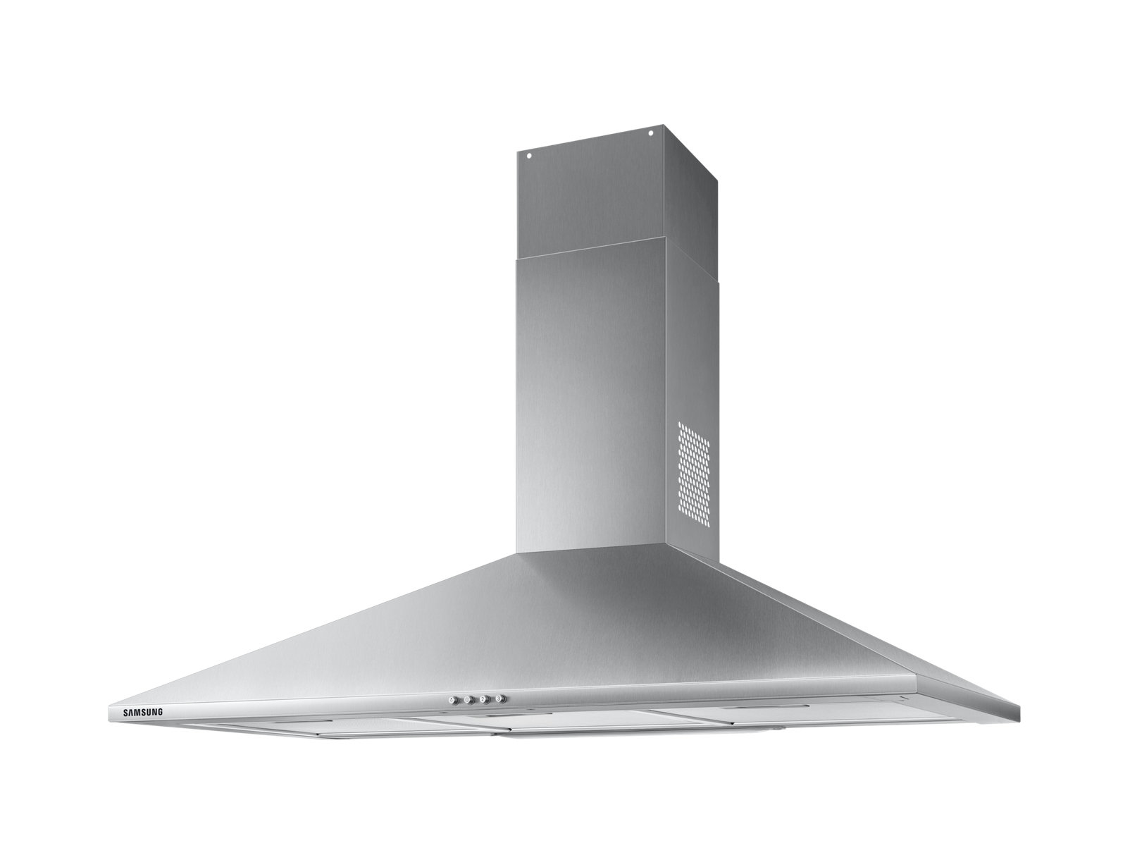 Cappa Samsung argentata, con corpo rettangolare e frontale affusolato. Su sfondo bianco.
