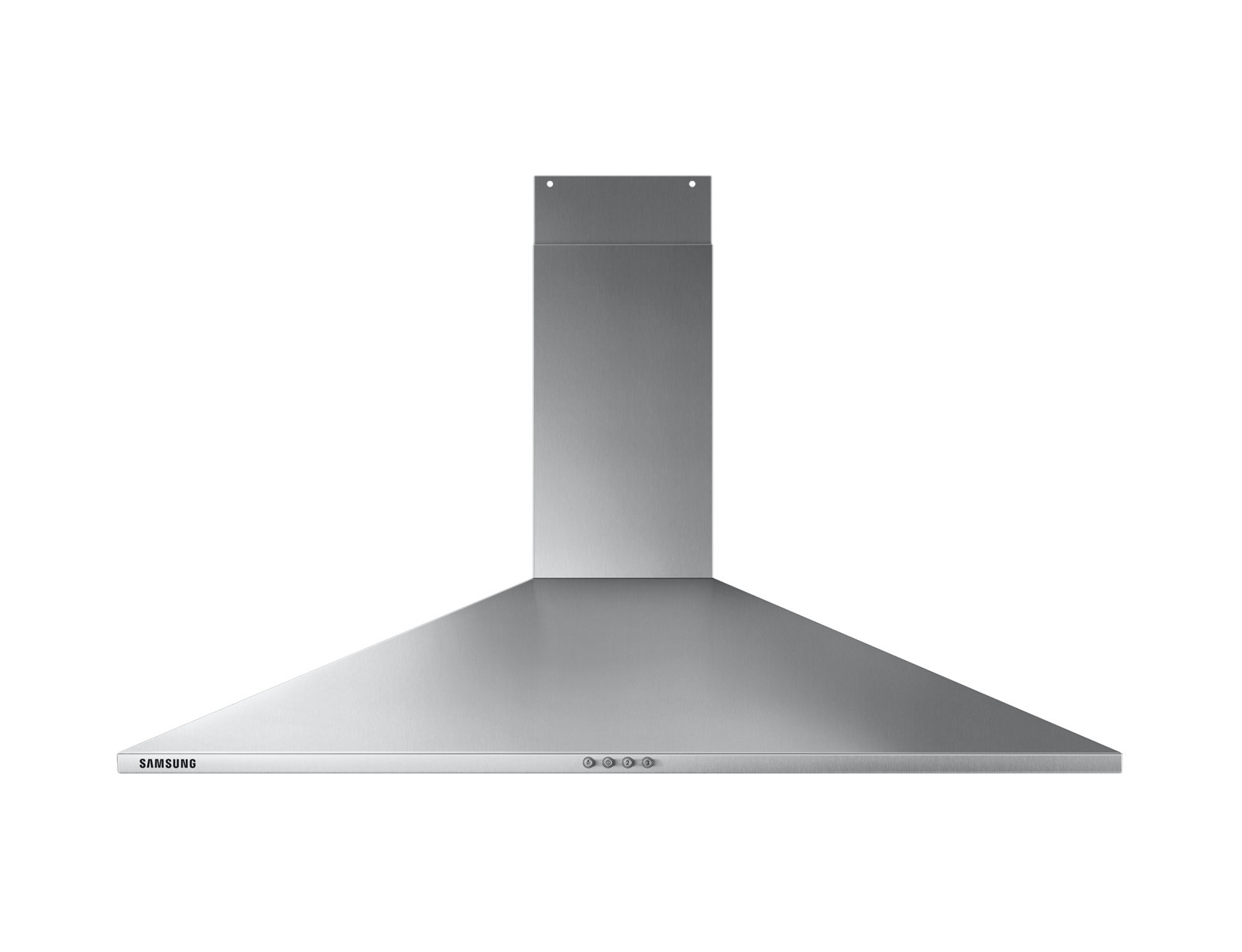Cappa in acciaio inossidabile a forma di camino, con il marchio Samsung in basso.